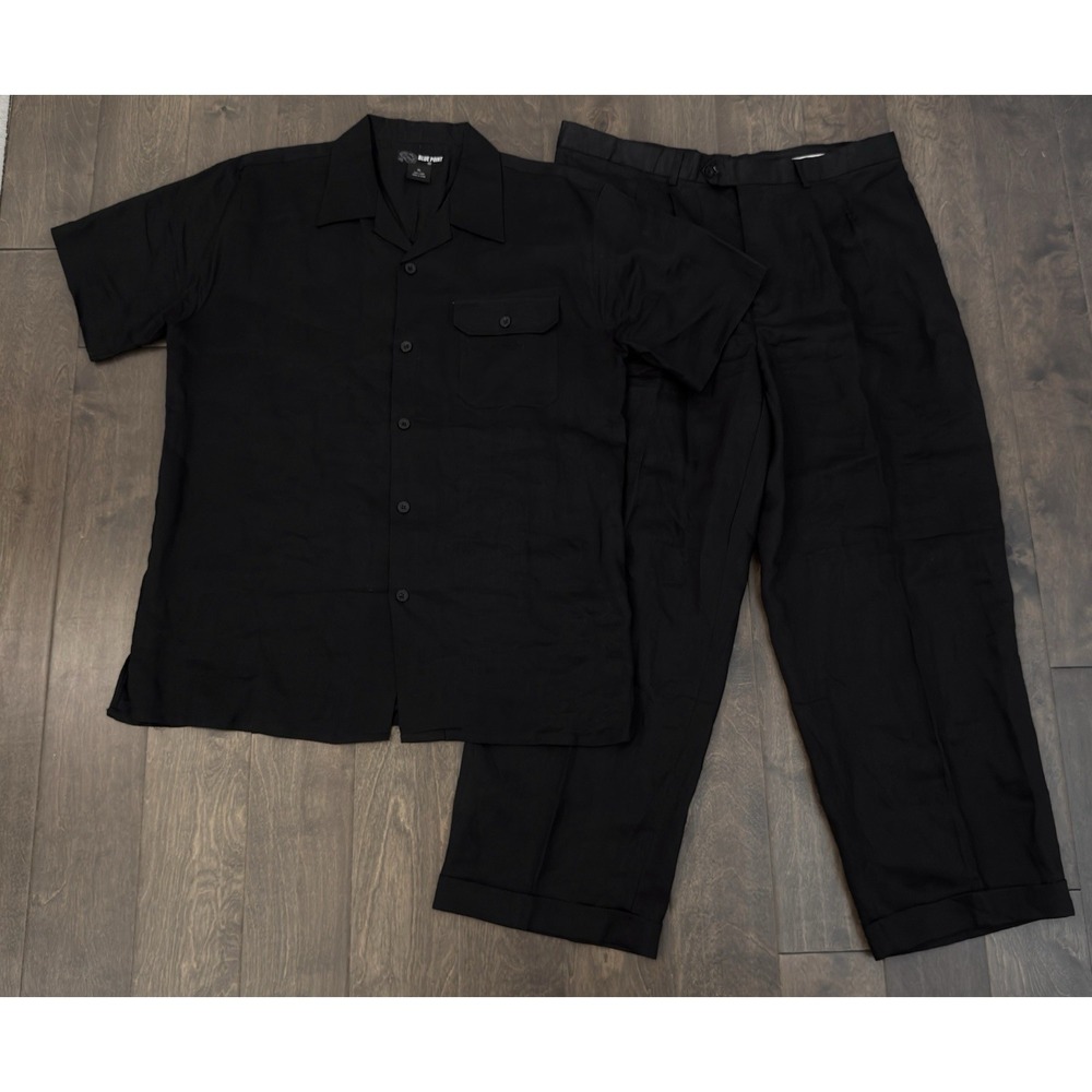 Blue Point Mens Black 100% Linen 2PC Set Button Down Size XL Pleated Pants 40X31